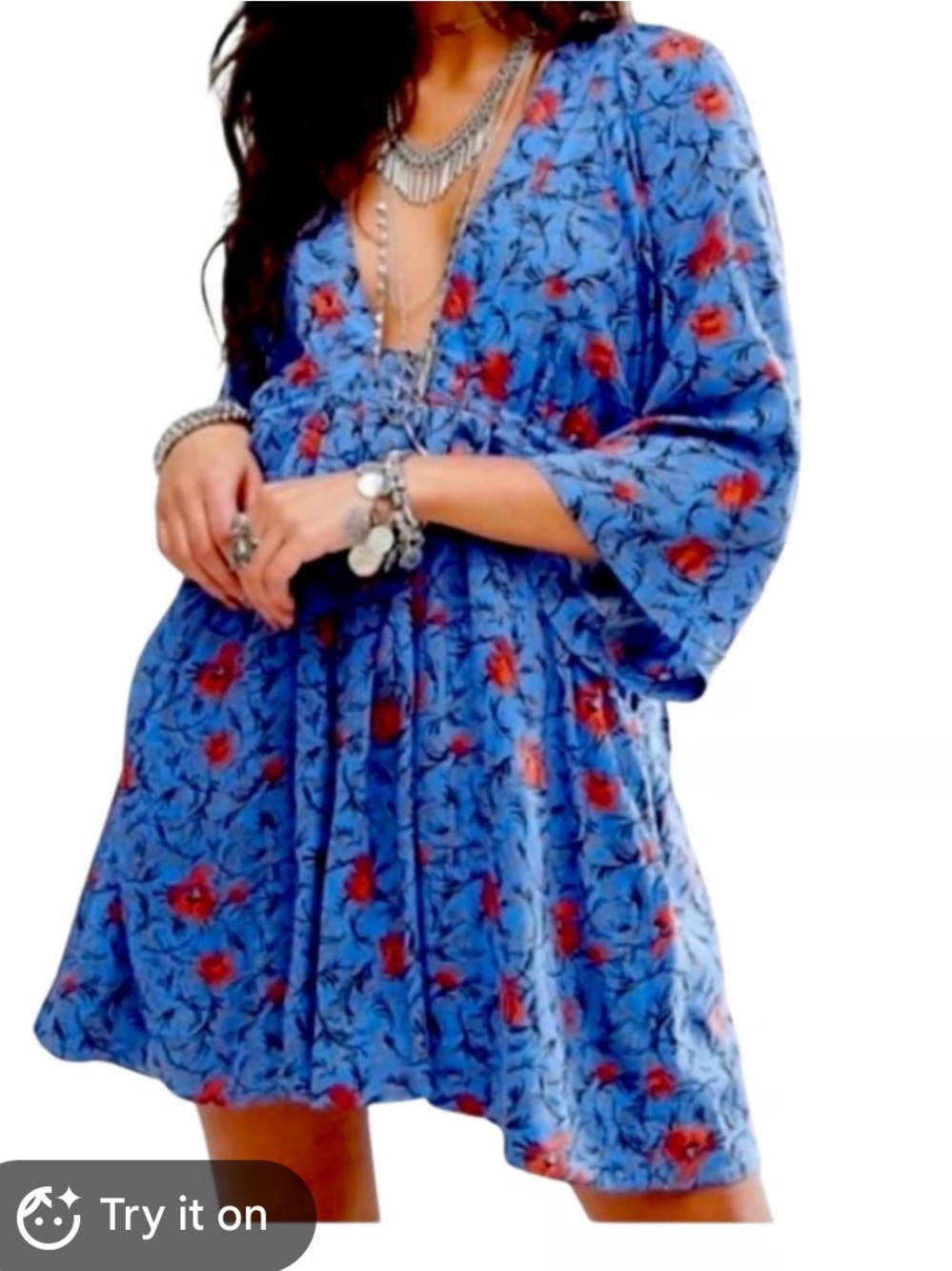 Free People Blue Mini Dress with Red Floral Print